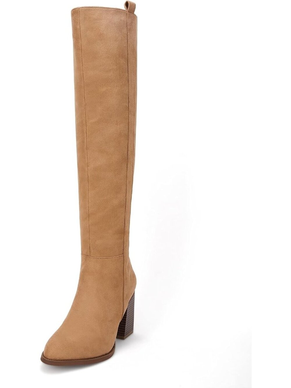 Women's Khaki Faux Suede Knee High Side Zipper Chunky Heel Stretch Winter Boots